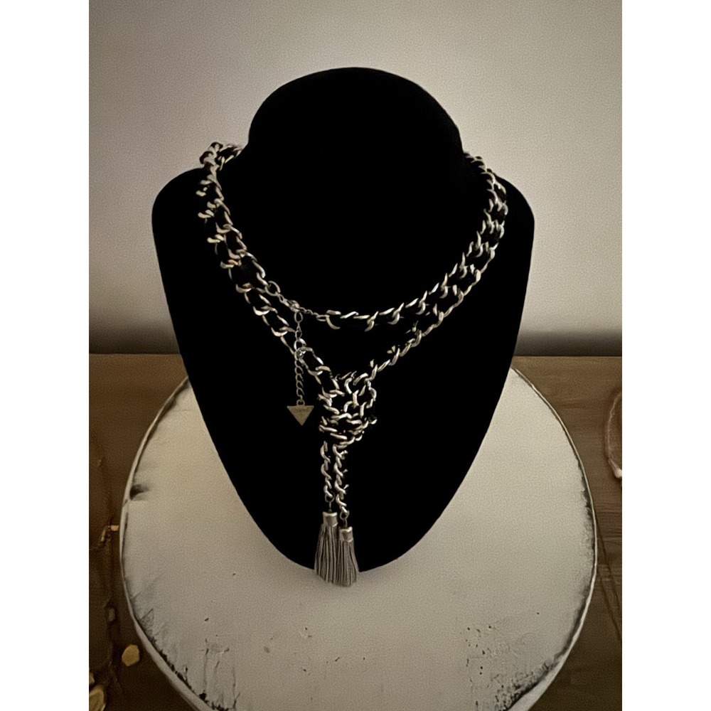 Guess Knotted Rope Chain Lariat Tassel Y-Shaped Necklace Silver Tone Black Twist